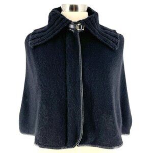 Henri Bendel Cashmere Knit Capelet Full Zip Black Leather Trim Buckle Neck OS